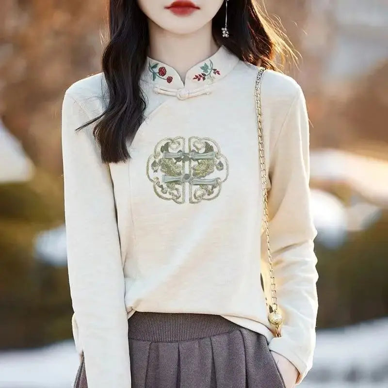 Chinese Style Autumn Winter Women's Stand Collar Embroidery Printing Fashion Long Sleeve Loose Pullovers Bottoming Shirt Tops