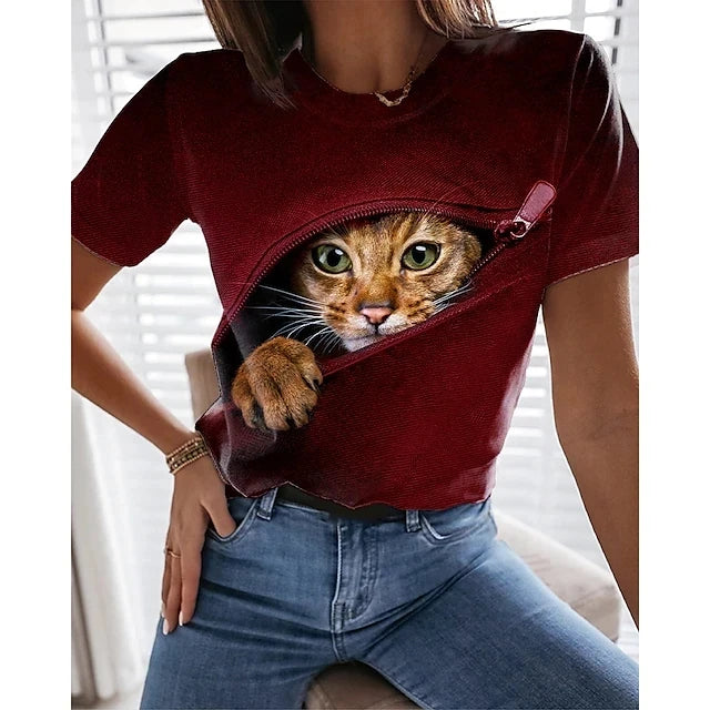 Fashion Women's T-shirts 3D Kawaii Cat Printed Short Sleeve Trend Tees Casual O-neck Funny Tops Female Oversized Loose Clothing