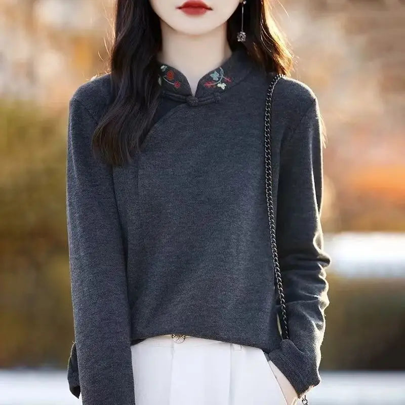 Chinese Style Autumn Winter Women's Stand Collar Embroidery Printing Fashion Long Sleeve Loose Pullovers Bottoming Shirt Tops