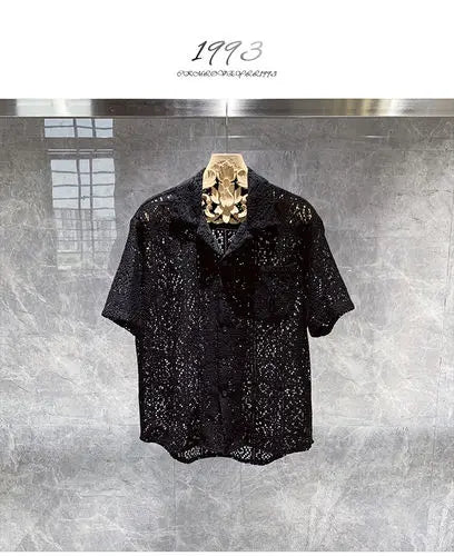 Summer French Hollow Lace Short-sleeved Shirt Men's Thin Simple Retro Minority Ascetic Shirt