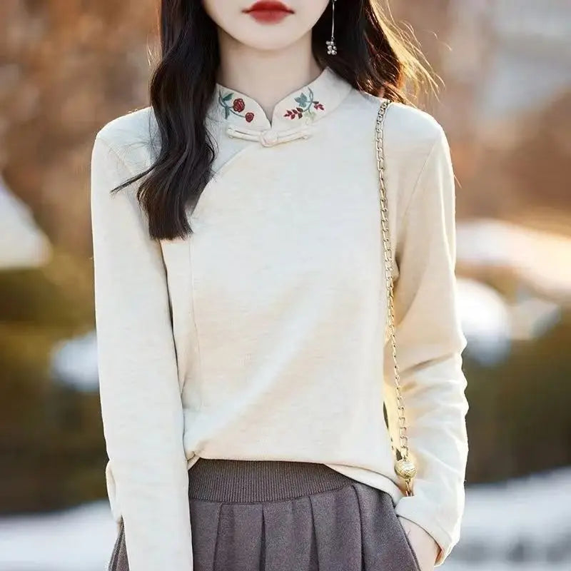 Chinese Style Autumn Winter Women's Stand Collar Embroidery Printing Fashion Long Sleeve Loose Pullovers Bottoming Shirt Tops