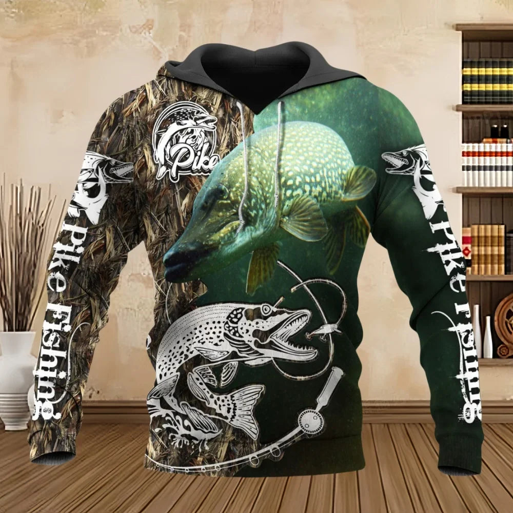 Wild Fishing Print 3D Casual Hoodie for Men Fashion Hunting Fish Enthusiast Pullover Men's Plus Size Sweatshirt Clothing Tops