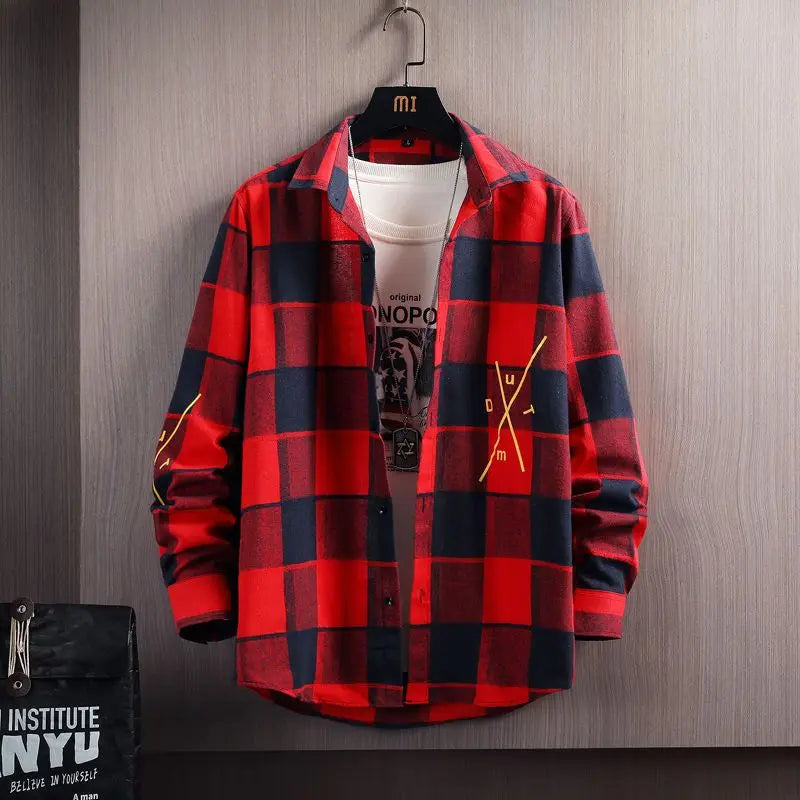 2023 Spring and Autumn Men's Lapel Loose Plaid Button Printed Pocket Casual Fashion Elegant Commuting Long sleeved Shirt