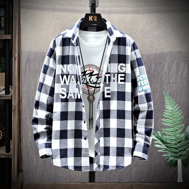 2023 Spring and Autumn Men's Lapel Loose Plaid Button Printed Pocket Casual Fashion Elegant Commuting Long sleeved Shirt