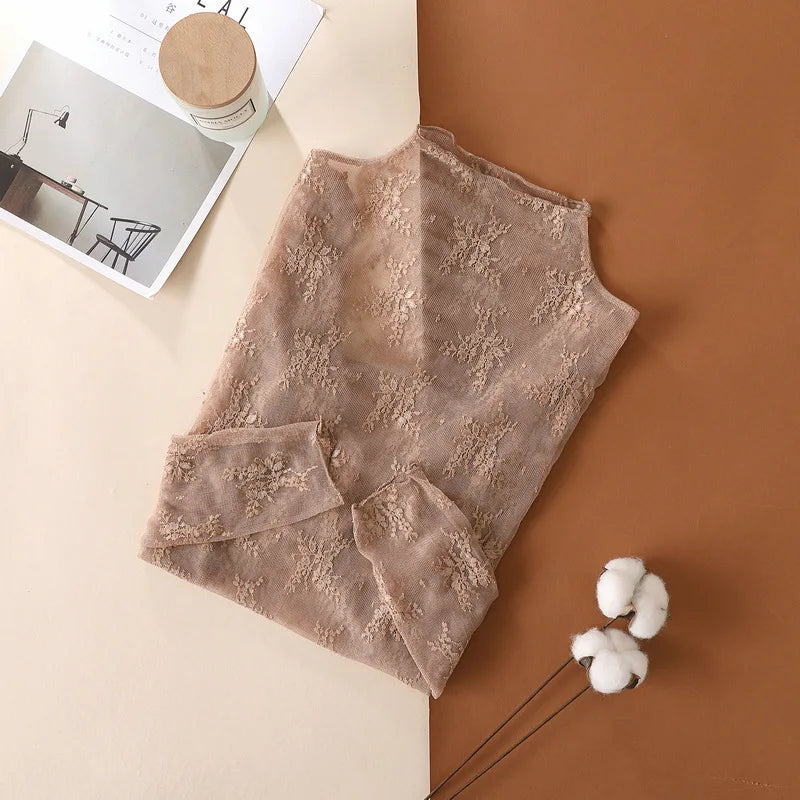 S-XL New Women Lace Shirt Spring Autumn Sexy Mesh Shirts Lace-Collared Blouse Long Sleeve Bottoming Shirt Pullover Top