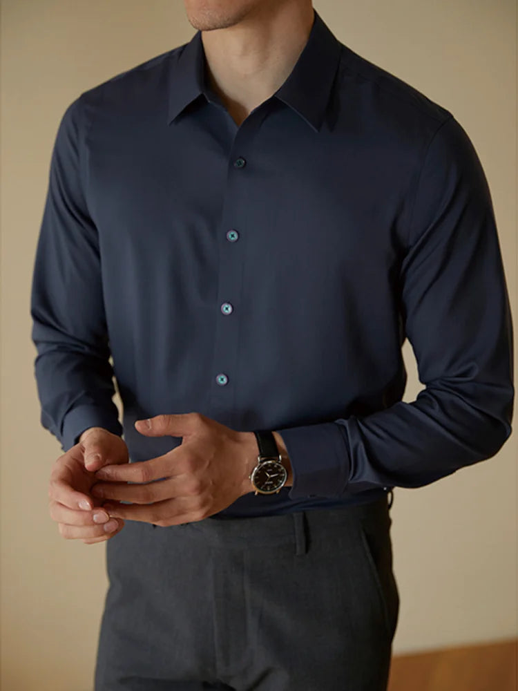 Men Solid Color Shirt Smart Casual Long Sleeve Formal Shirt Black White Navy Slim Fit Cotton Social Blouse