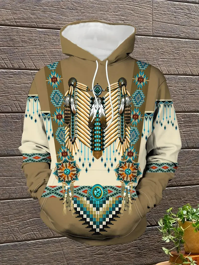 Vintage Ethnic Pattern Print Men's Hoodie Autumn Long Sleeves Hooded Sweatshirt Fashion Casual Streetwear Male Oversized Clothes