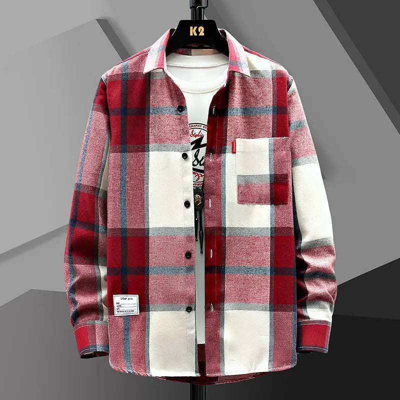 2023 Spring and Autumn Men's Lapel Loose Plaid Button Printed Pocket Casual Fashion Elegant Commuting Long sleeved Shirt