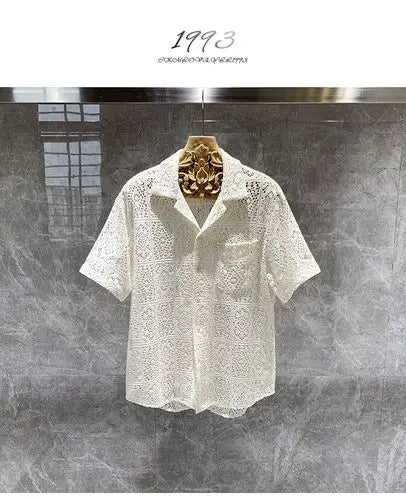 Summer French Hollow Lace Short-sleeved Shirt Men's Thin Simple Retro Minority Ascetic Shirt