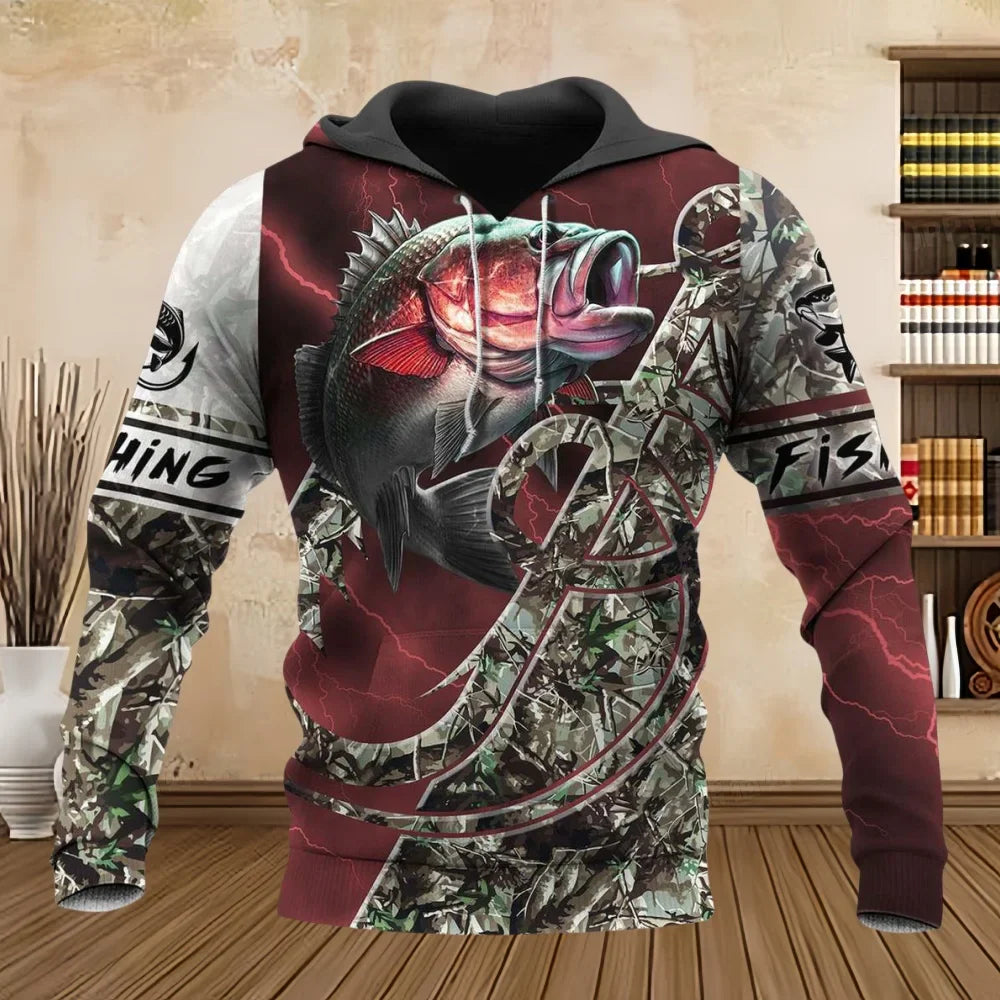 Wild Fishing Print 3D Casual Hoodie for Men Fashion Hunting Fish Enthusiast Pullover Men's Plus Size Sweatshirt Clothing Tops
