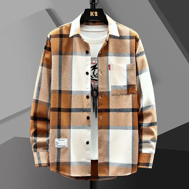 2023 Spring and Autumn Men's Lapel Loose Plaid Button Printed Pocket Casual Fashion Elegant Commuting Long sleeved Shirt