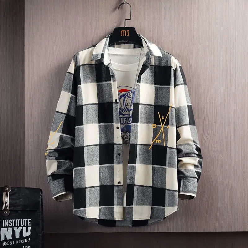 2023 Spring and Autumn Men's Lapel Loose Plaid Button Printed Pocket Casual Fashion Elegant Commuting Long sleeved Shirt