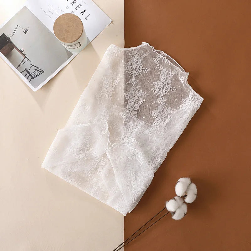 S-XL New Women Lace Shirt Spring Autumn Sexy Mesh Shirts Lace-Collared Blouse Long Sleeve Bottoming Shirt Pullover Top