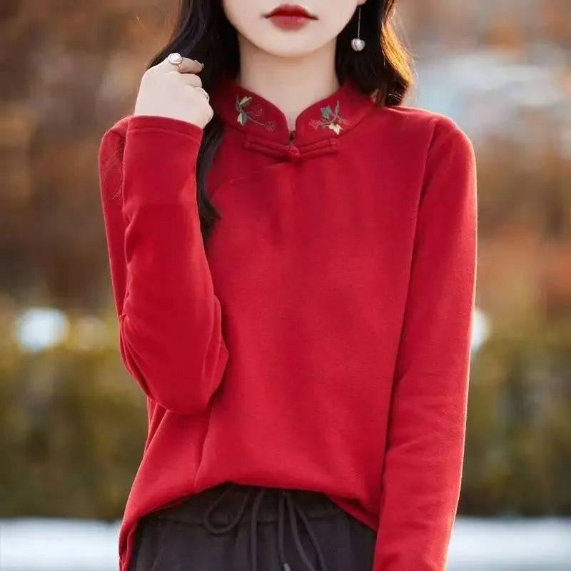 Chinese Style Autumn Winter Women's Stand Collar Embroidery Printing Fashion Long Sleeve Loose Pullovers Bottoming Shirt Tops