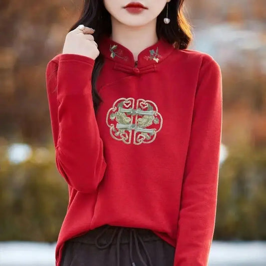 Chinese Style Autumn Winter Women's Stand Collar Embroidery Printing Fashion Long Sleeve Loose Pullovers Bottoming Shirt Tops
