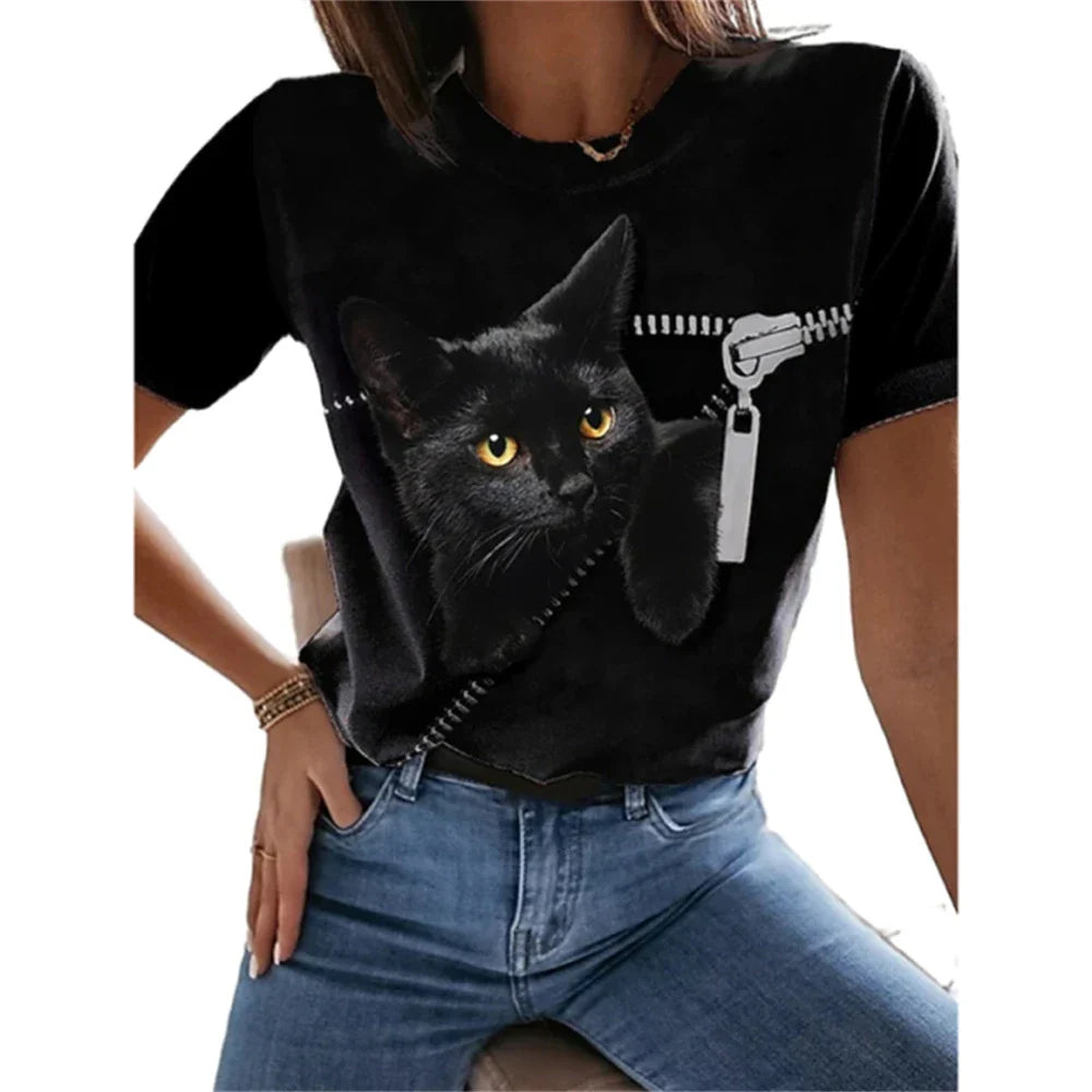 Fashion Women's T-shirts 3D Kawaii Cat Printed Short Sleeve Trend Tees Casual O-neck Funny Tops Female Oversized Loose Clothing