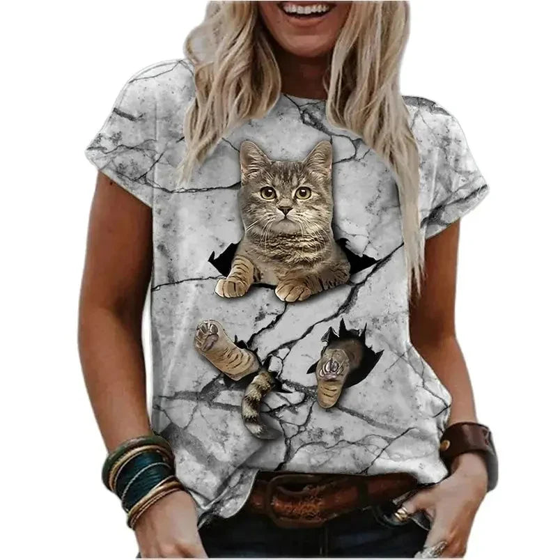 Fashion Women's T-shirts 3D Kawaii Cat Printed Short Sleeve Trend Tees Casual O-neck Funny Tops Female Oversized Loose Clothing