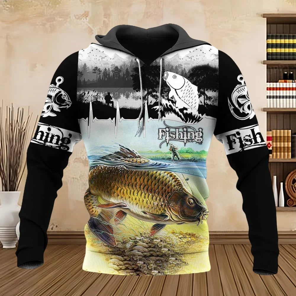 Wild Fishing Print 3D Casual Hoodie for Men Fashion Hunting Fish Enthusiast Pullover Men's Plus Size Sweatshirt Clothing Tops