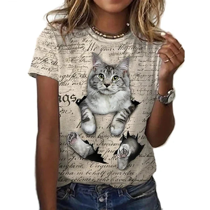 Fashion Women's T-shirts 3D Kawaii Cat Printed Short Sleeve Trend Tees Casual O-neck Funny Tops Female Oversized Loose Clothing