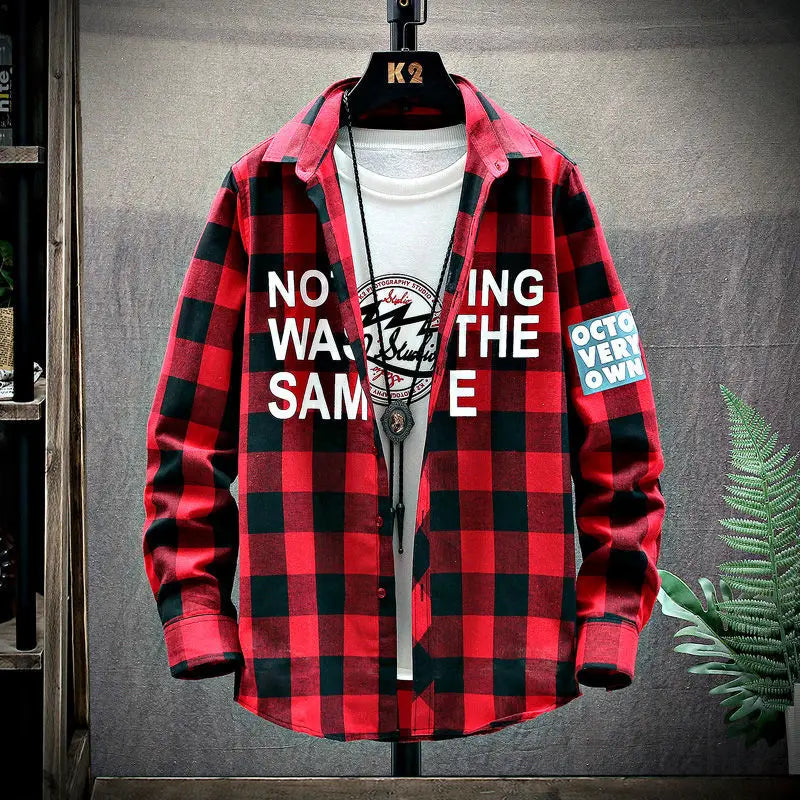 2023 Spring and Autumn Men's Lapel Loose Plaid Button Printed Pocket Casual Fashion Elegant Commuting Long sleeved Shirt
