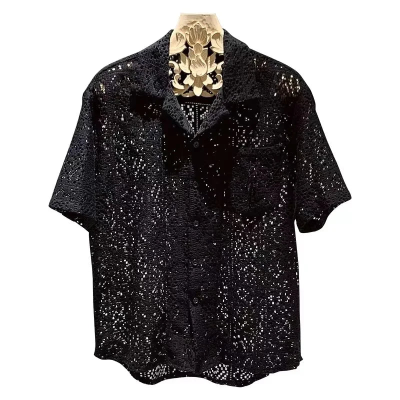 Summer French Hollow Lace Short-sleeved Shirt Men's Thin Simple Retro Minority Ascetic Shirt