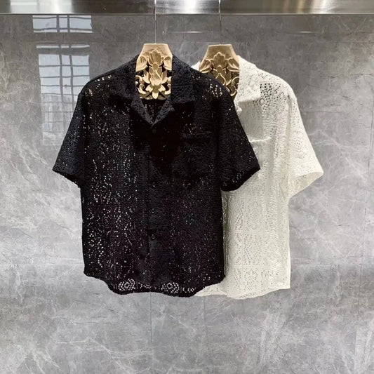 Summer French Hollow Lace Short-sleeved Shirt Men's Thin Simple Retro Minority Ascetic Shirt