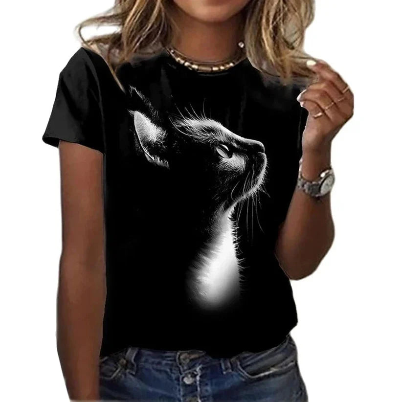 Fashion Women's T-shirts 3D Kawaii Cat Printed Short Sleeve Trend Tees Casual O-neck Funny Tops Female Oversized Loose Clothing