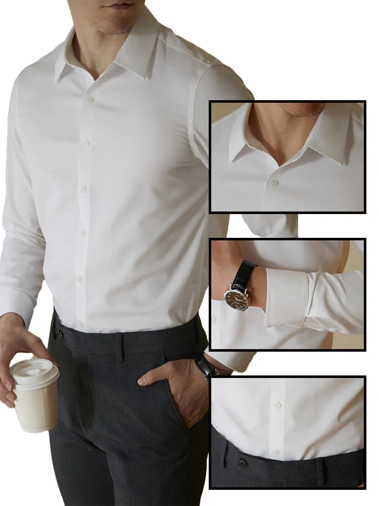 Men Solid Color Shirt Smart Casual Long Sleeve Formal Shirt Black White Navy Slim Fit Cotton Social Blouse