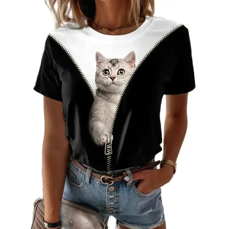 Fashion Women's T-shirts 3D Kawaii Cat Printed Short Sleeve Trend Tees Casual O-neck Funny Tops Female Oversized Loose Clothing
