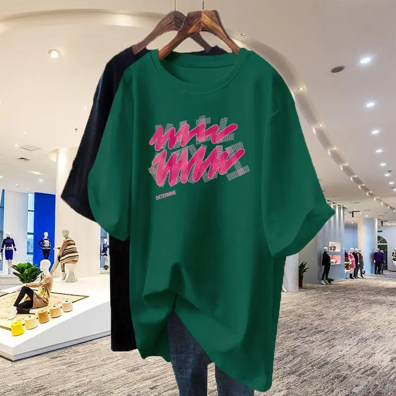 Summer Chic Letter Basic T-shirt Cotton 100 Short Sleeve Casual Top Tees Women Loose Pullovers