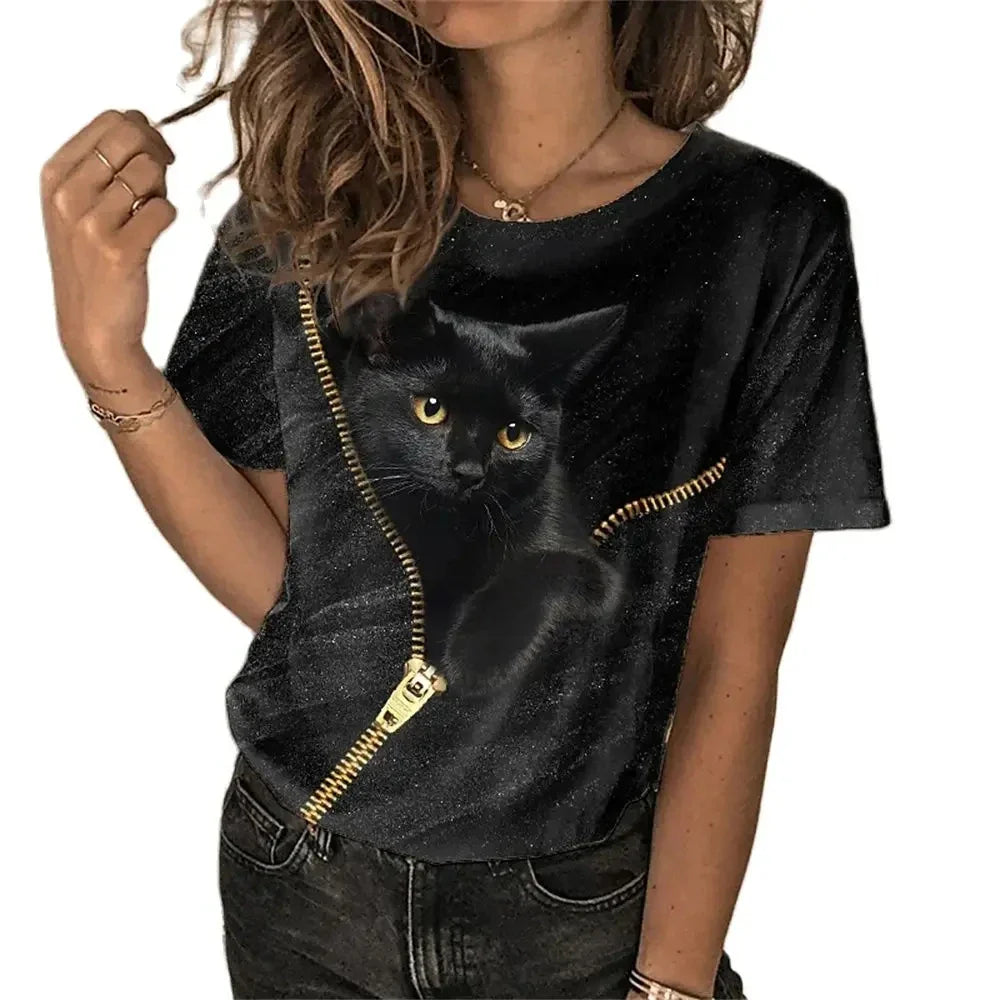 Fashion Women's T-shirts 3D Kawaii Cat Printed Short Sleeve Trend Tees Casual O-neck Funny Tops Female Oversized Loose Clothing