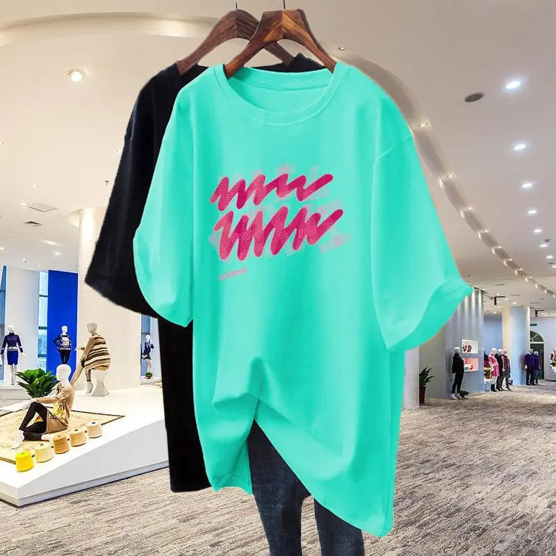 Summer Chic Letter Basic T-shirt Cotton 100 Short Sleeve Casual Top Tees Women Loose Pullovers