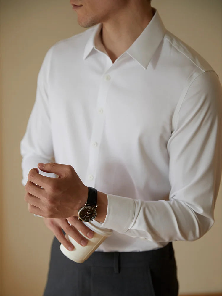 Men Solid Color Shirt Smart Casual Long Sleeve Formal Shirt Black White Navy Slim Fit Cotton Social Blouse