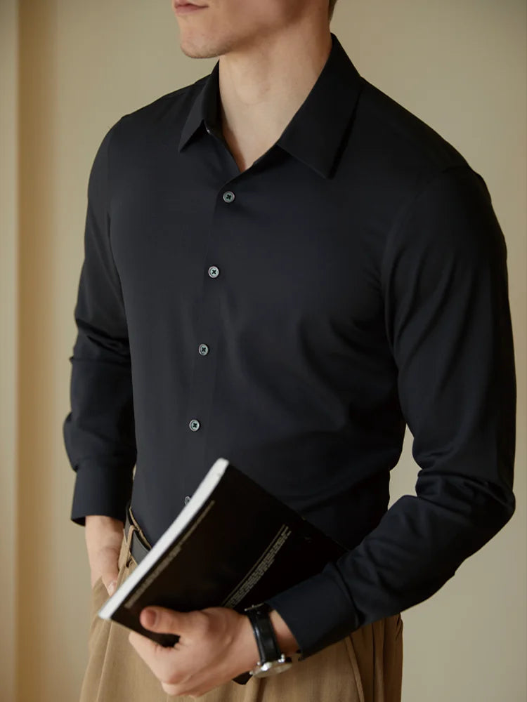 Men Solid Color Shirt Smart Casual Long Sleeve Formal Shirt Black White Navy Slim Fit Cotton Social Blouse