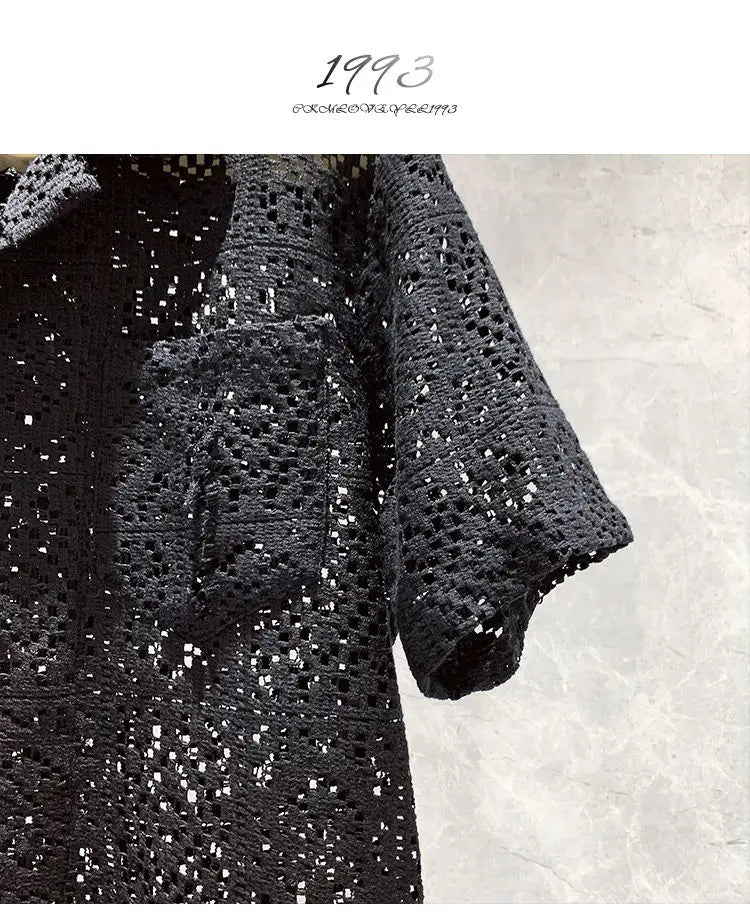 Summer French Hollow Lace Short-sleeved Shirt Men's Thin Simple Retro Minority Ascetic Shirt