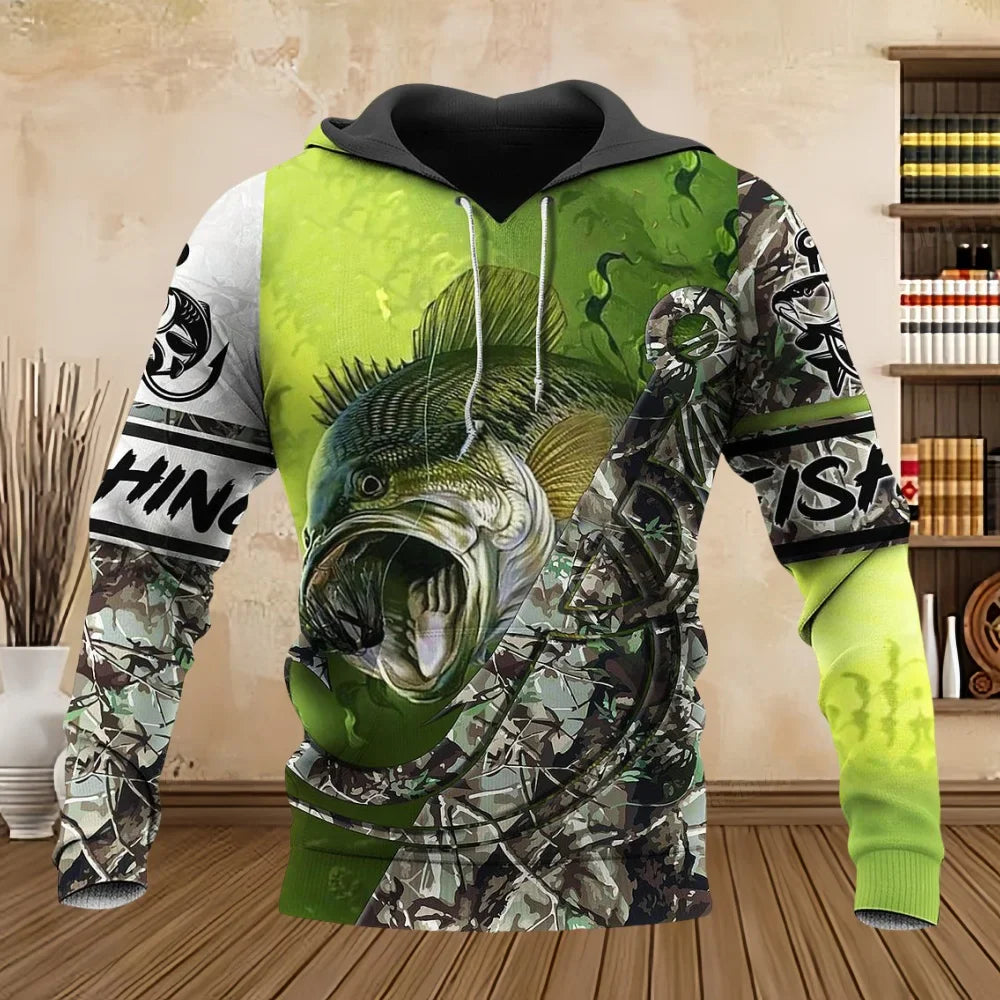 Wild Fishing Print 3D Casual Hoodie for Men Fashion Hunting Fish Enthusiast Pullover Men's Plus Size Sweatshirt Clothing Tops